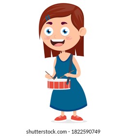 little girl playing drum, kid drummer performance, cartoon vector illustration