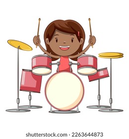 Pequeña niña tocando tambores, equipo de percusión infantil