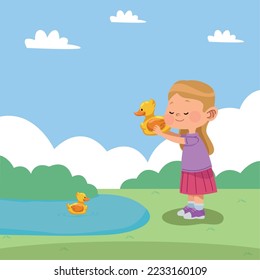 little girl playing with ducks character