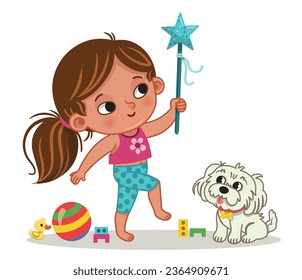 Little girl playing with fairy wand and her dog watching her. 
