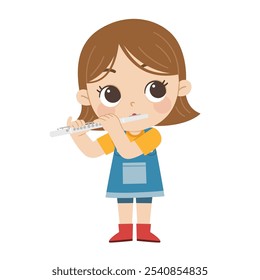 little girl playing a flute. Concept of Musical education, Inspiration art school student. Arts for kid. Little girl with musical instrument.