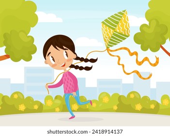Little Girl Playing Flying Kite in the Park Vector Illustration