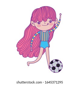 little girl playing with footbal ball cartoon character vector illustration