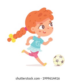 Little Girl Playing Football. Happy Little Kid Playing Sport Activity Vector Illustration. Smiling Child Kicking Ball By Foot And Running, Side View Isolated On White Background.