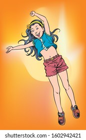 Little girl playing fun jump float raise hands. Pop art vector illustration drawing. Comic book work style.