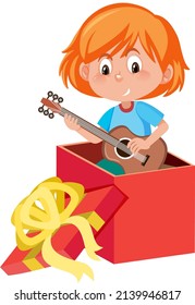 A little girl playing guitar in the present box on white background illustration