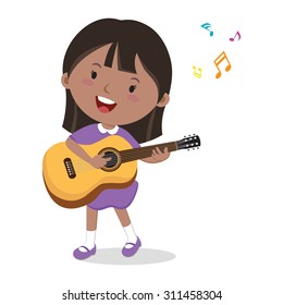 Little girl playing guitar. Vector illustration of a cheerful girl playing guitar and singing.