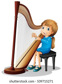 Little girl playing harp illustration