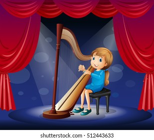 Little girl playing harp on stage illustration