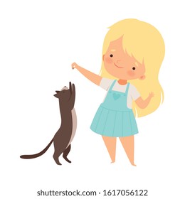 Little Girl Playing with Her Cat Pet Holding Something in Hand Up in the Air Vector Illustration
