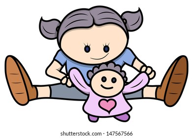 Little Girl Playing with Her Doll - Vector Cartoon Illustration