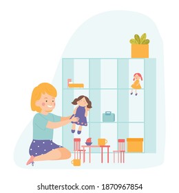 Little girl playing with her doll. Kindergarten. Vector illustration for banners, posters, postcard. Cartoon style character.
