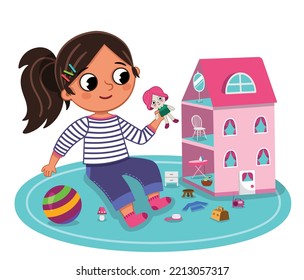 La niña está jugando con su casa de muñecas. Ilustración vectorial.