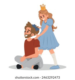 Little girl playing with her father as a hairdresser, little girl playing with her father's hairstyles. Vector illustration for Father's Day celebration.