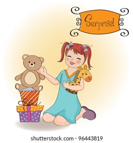 little girl playing with her ??birthday gifts . happy birthday card