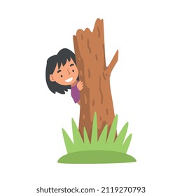 Little Girl Playing Hide and Seek Concealing Behind Tree Trunk Vector Illustration