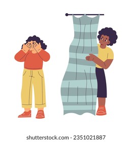 Little Girl Playing Hide and Seek Game Hiding Behind Shower Curtains and Counting with Closed Eyes Vector Illustration