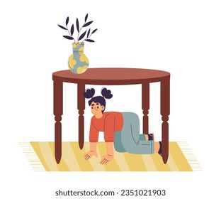 Little Girl Playing Hide and Seek Game Sitting Under Table Vector Illustration