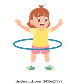 Little girl playing hula hoop. Cute kids doing outdoor activity. Sport and recreation for exercise in children concept. Flat style.