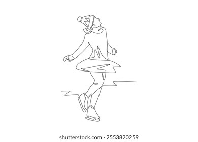 Little girl playing ice skating. Winter holiday concept one-line drawing