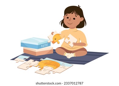 Little Girl Playing Jigsaw Puzzle Assembling Mosaiced Pieces into Picture Vector Illustration