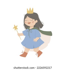 Little girl is playing with a magic wand. The character runs around wearing a crown and magic robe. Game for a child in kindergarten and at home. Flat vector cartoon illustration