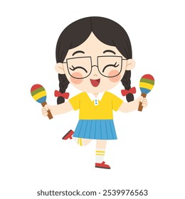 Uma garotinha tocando maracas. Conceito de Educação Musical, Estudante da Escola de Arte Inspiração. Artes para crianças. Garotinha com instrumento musical.