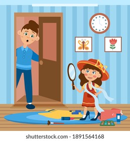 Little girl playing with Mothers cosmetics as her distraught Mum opens the door to find her, colored cartoon vector illustration