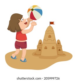 Little girl playing on beach with ball