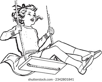 Little girl playing on a swing. Sketch. Engraving style. Vector illustration. Retro Clipart