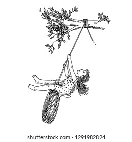 Little girl playing on tire swing. Sketch. Engraving style. Vector illustration.