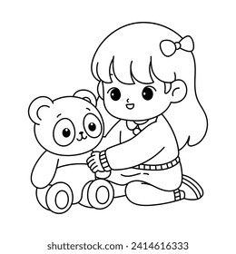 Little Girl Playing With Panda Doll, Coloring Book Page