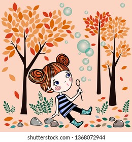 little girl playing in the Park with soap bubbles artwork for posters, children's books, educational programs, Souvenirs, packaging