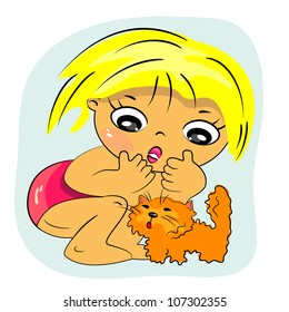 little girl playing with pet illustration. baby with cat drawing
