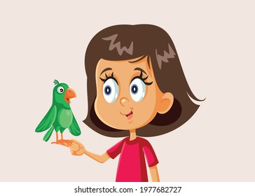 Little Girl Playing with Pet Parrot Vector Illustration. Child learning responsibility by taking care of pet animal bird.
