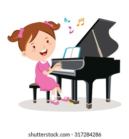 Little girl playing piano. Vector illustration of a cheerful girl playing piano.