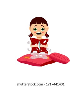 Little girl playing with pillows. Naughty children behavior. Little kid tricks. Child plays and grows. Funny character. Vector illustration in a flat cartoon style on a white background.