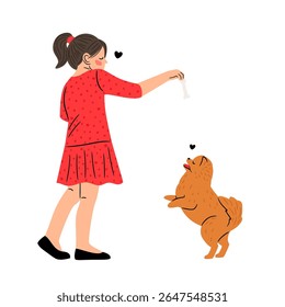 Menina brincando com um cachorrinho isolado em obra de arte original branca