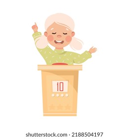 Little Girl Playing Quiz Game or Mind Sport Standing at Press Button Answering Question Vector Illustration