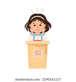 Little Girl Playing Quiz Game Or Mind Sport Standing At Press Button Answering Question Vector Illustration