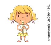 Little girl playing recorder, happy cute child