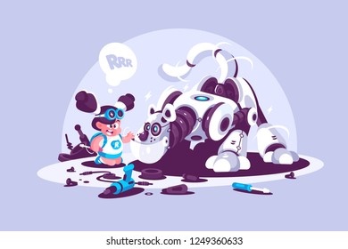 Little girl playing with robotic dog friend vector illustration. Happy kid having fun with doggy robot flat style concept. Speech bubble with letters RRR