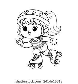 Little Girl Playing Roller Skate, Coloring Book Page