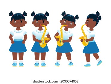A little girl playing the saxophone. Set. Cartoon style. Vector.