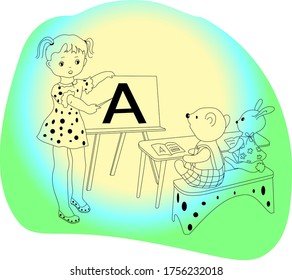 Little girl playing school.
Her students:a toy bear and a toy hare. Linear vector illustration.
Cartoon characters.