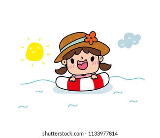 Little girl playing in the sea. Ware hat with flower and life ring floates in the sea. On the day the sun was bright. Decoration card/ website/ banner. Cute vector.