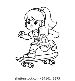 Little Girl Playing Skateboard, Coloring Book Page