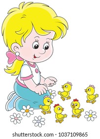 Little girl playing with small funny chicks, a vector illustration in a cartoon style