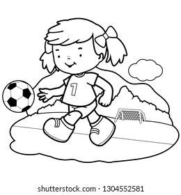 Little girl playing soccer. Vector black and white coloring page.
