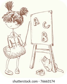 little girl playing teacher. execution-style free-hatching.
